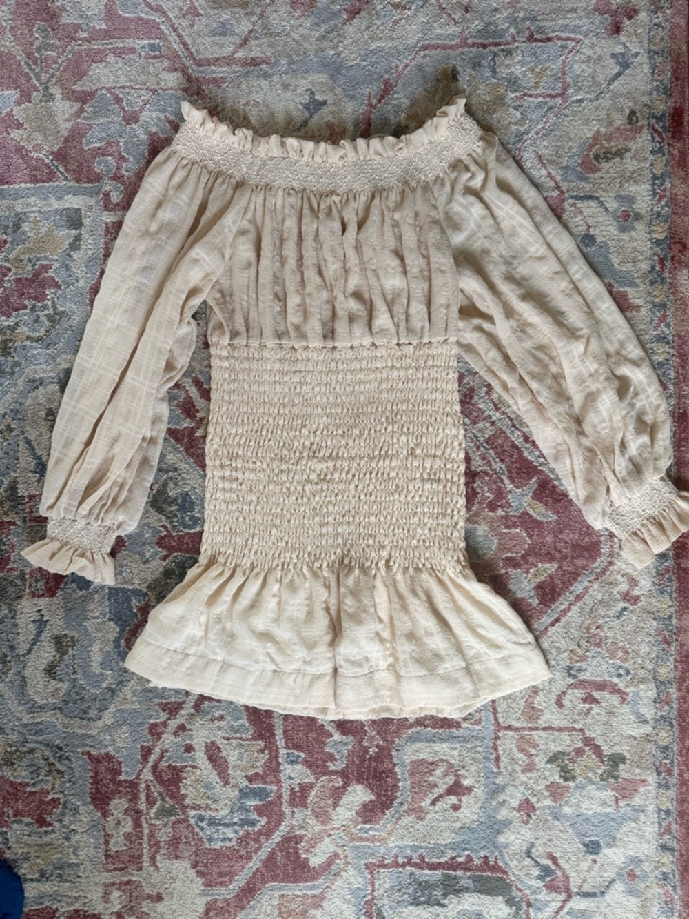 Urban Outfitters Smocked Off-Shoulder Ruffle Hem Top - Cream